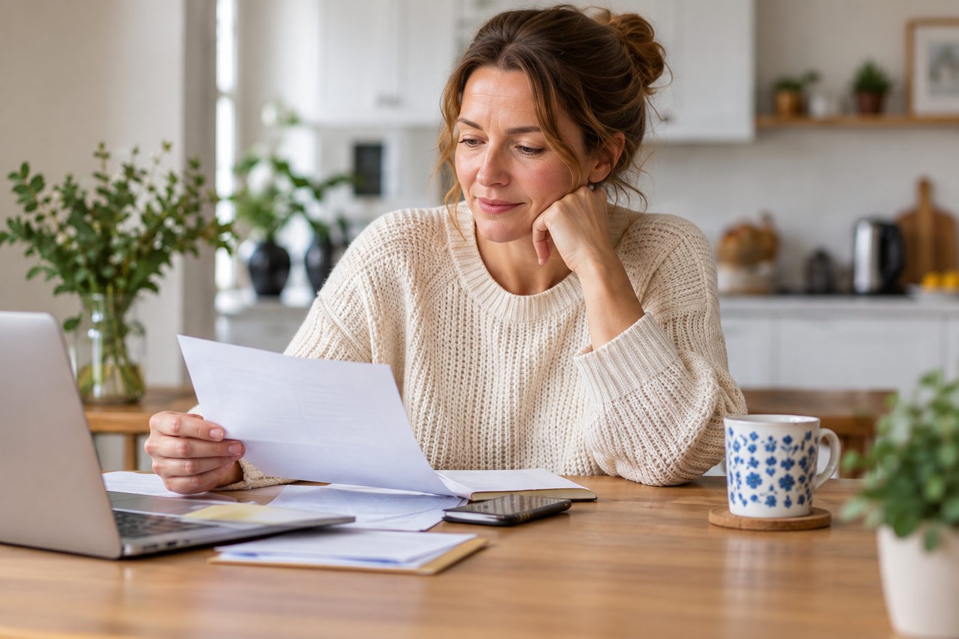 Woman calmly reviewing paperwork at her kitchen table