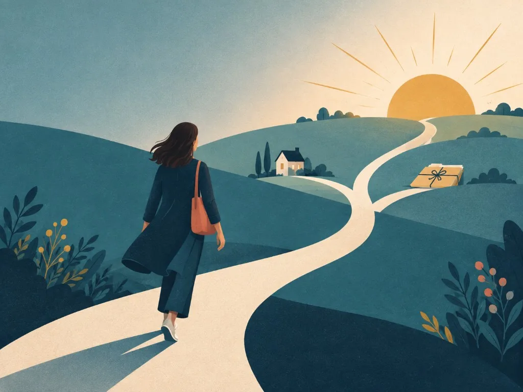 A woman walking a path toward sunrise, with a home and papers along the way