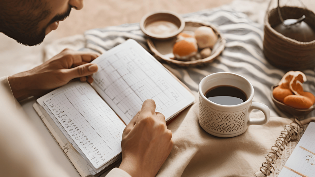 Calm morning scene with a cup of tea and notebook, symbolizing new routines and fresh starts after divorce.
