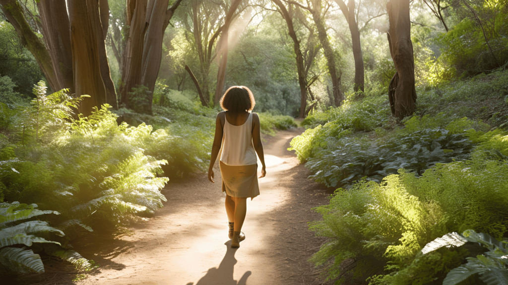 A serene forest pathway with sunlight streaming through the trees, symbolizing peace and healing through nature.