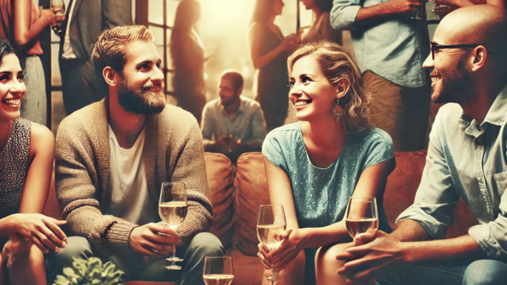A person smiling warmly at a social gathering, surrounded by friends, symbolizing confidence and comfort after divorce.