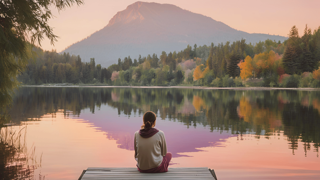 A serene individual sitting on a park bench surrounded by nature, reflecting peace and self-discovery.