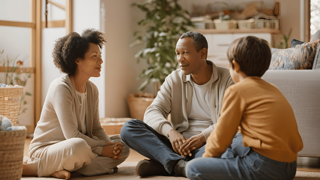 Two parents having a respectful conversation about moving on after divorce, with a focus on their child's well-being.