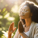 A serene woman stretching outdoors at sunrise, symbolizing the connection between physical health and emotional recovery.