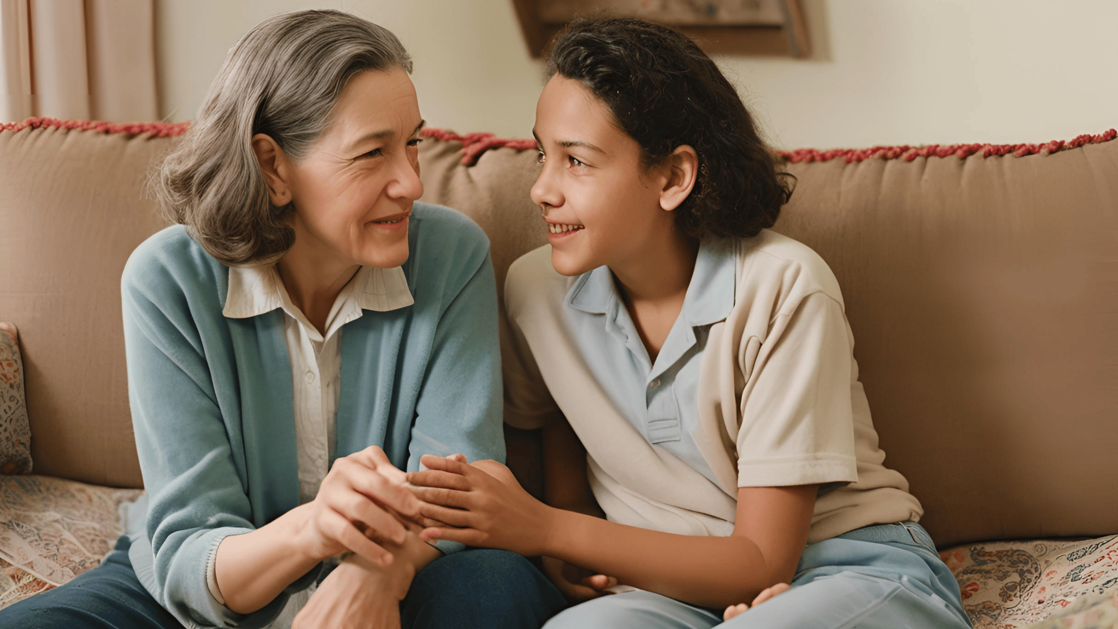 A thoughtful parent and a teenager sitting and talking on a park bench, symbolizing open communication and trust.