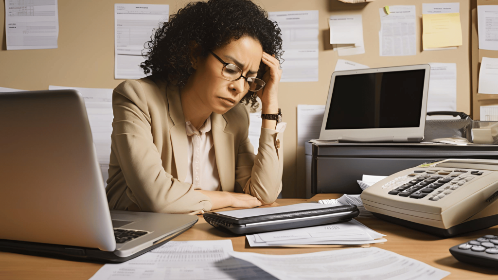 A small business owner working on taxes after divorce, sitting at a desk with tax forms, a laptop, and a calculator, looking concerned.