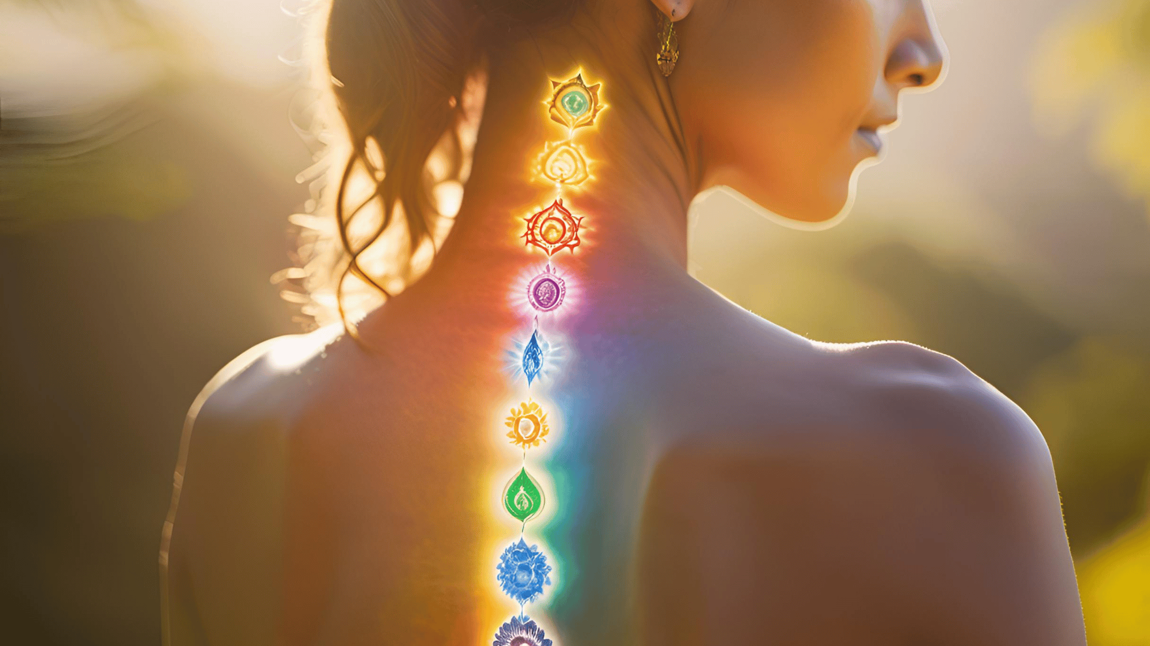 An illustration of a person with glowing chakras aligned along their spine, representing energy balance and healing during post-divorce recovery.