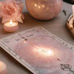 A mystical setup with tarot cards, healing crystals, and an astrology birth chart on a table, symbolizing guidance and healing after divorce.