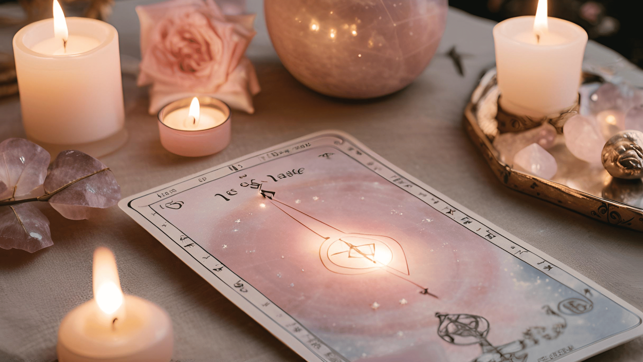 A mystical setup with tarot cards, healing crystals, and an astrology birth chart on a table, symbolizing guidance and healing after divorce.