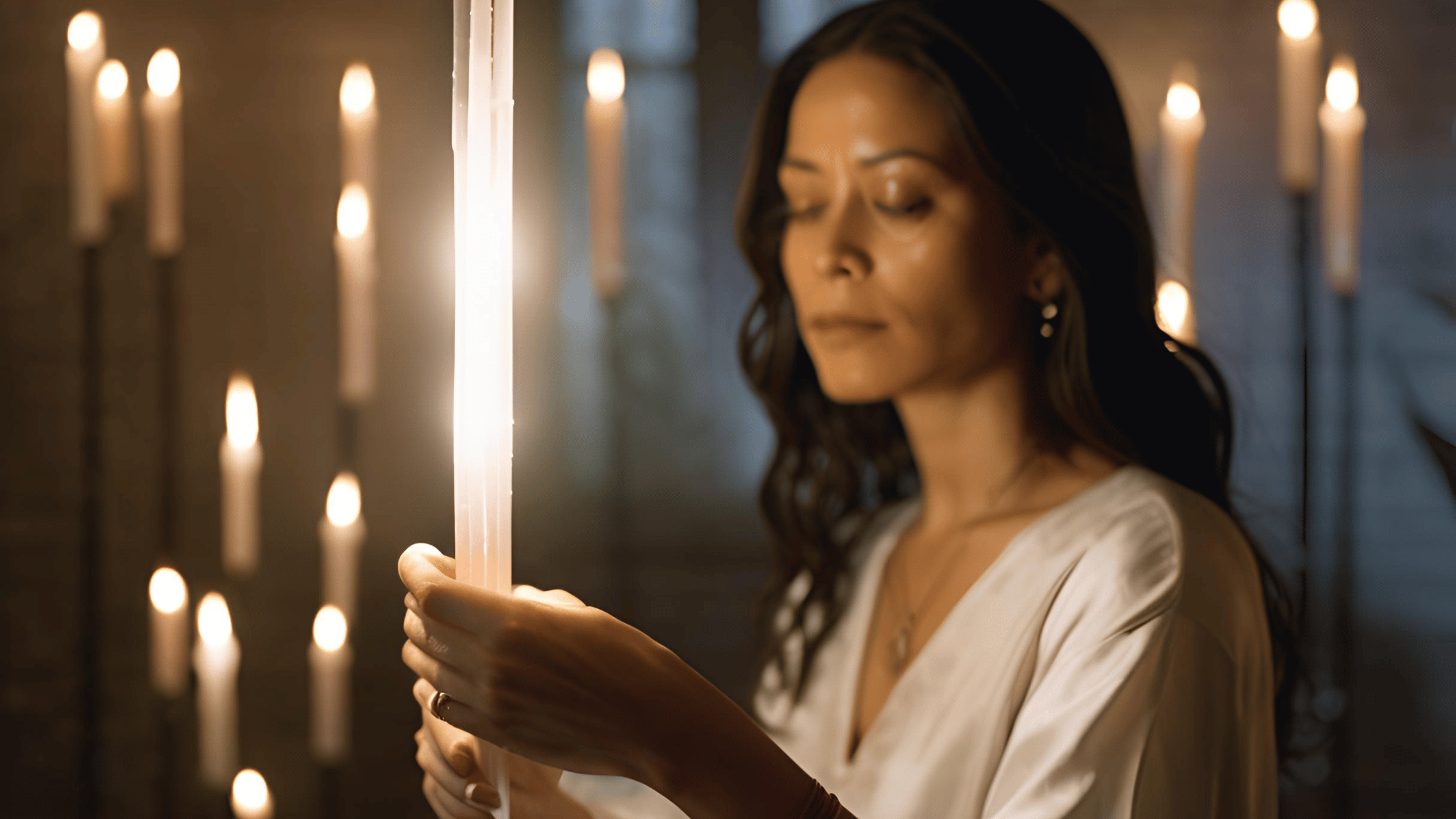 A woman performing a cord-cutting ritual with a selenite wand, surrounded by glowing candles, symbolizing emotional healing and letting go after divorce.
