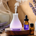 A calming image of an essential oil diffuser with lavender flowers and essential oil bottles, symbolizing relaxation and emotional healing after divorce.