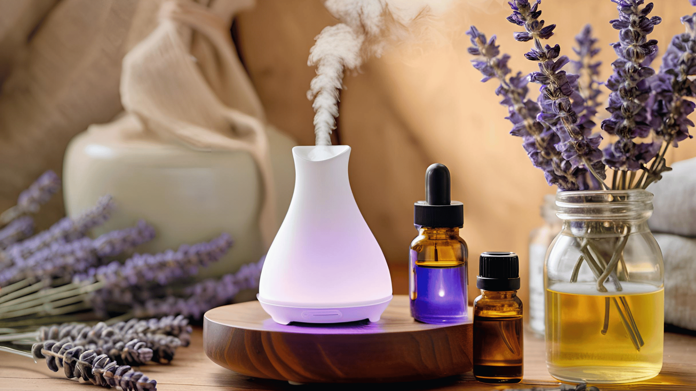 A calming image of an essential oil diffuser with lavender flowers and essential oil bottles, symbolizing relaxation and emotional healing after divorce.