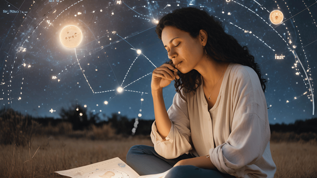 A person sitting under a starry sky, studying their birth chart with constellations and planets illuminating the background, symbolizing hope and guidance through astrology after divorce.