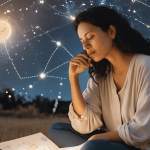 A person sitting under a starry sky, studying their birth chart with constellations and planets illuminating the background, symbolizing hope and guidance through astrology after divorce.