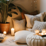 A serene and cozy sacred space with cushions, candles, crystals, and plants, designed to promote healing and peace after divorce.
