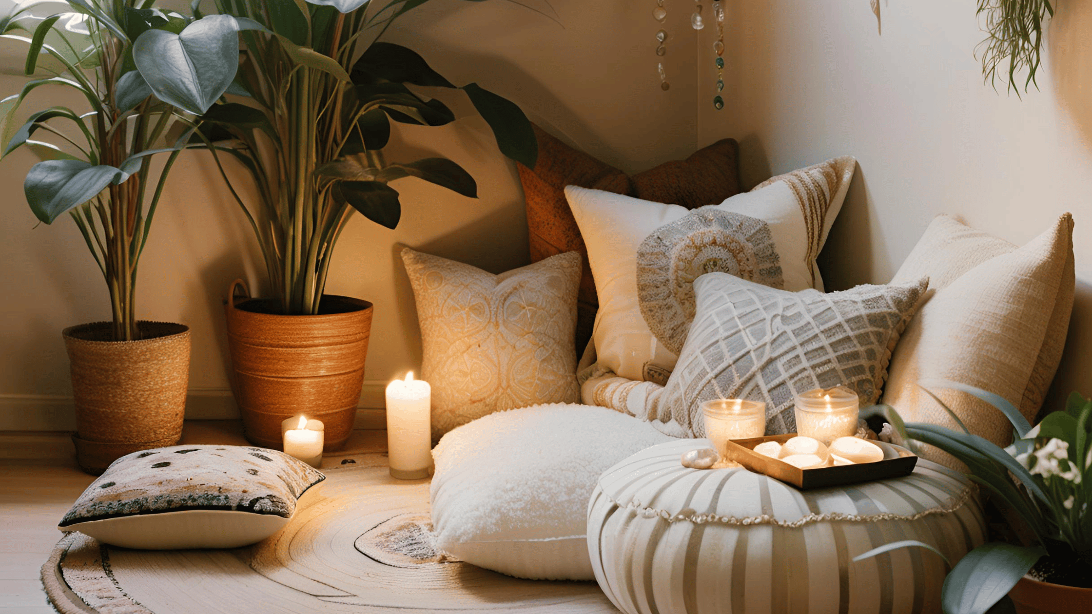 A serene and cozy sacred space with cushions, candles, crystals, and plants, designed to promote healing and peace after divorce.