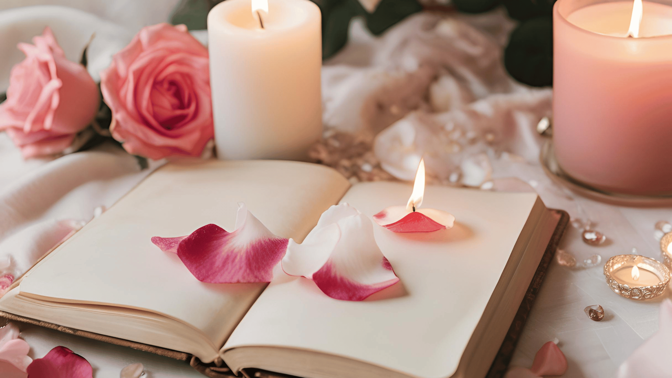 A pink and white candle surrounded by rose petals and crystals, representing a calming ritual for healing and starting anew after divorce.
