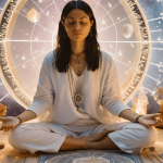 A person meditating in a peaceful setting with mystical tools like tarot cards, crystals, and an astrology chart, symbolizing reconnecting with their higher self after divorce.
