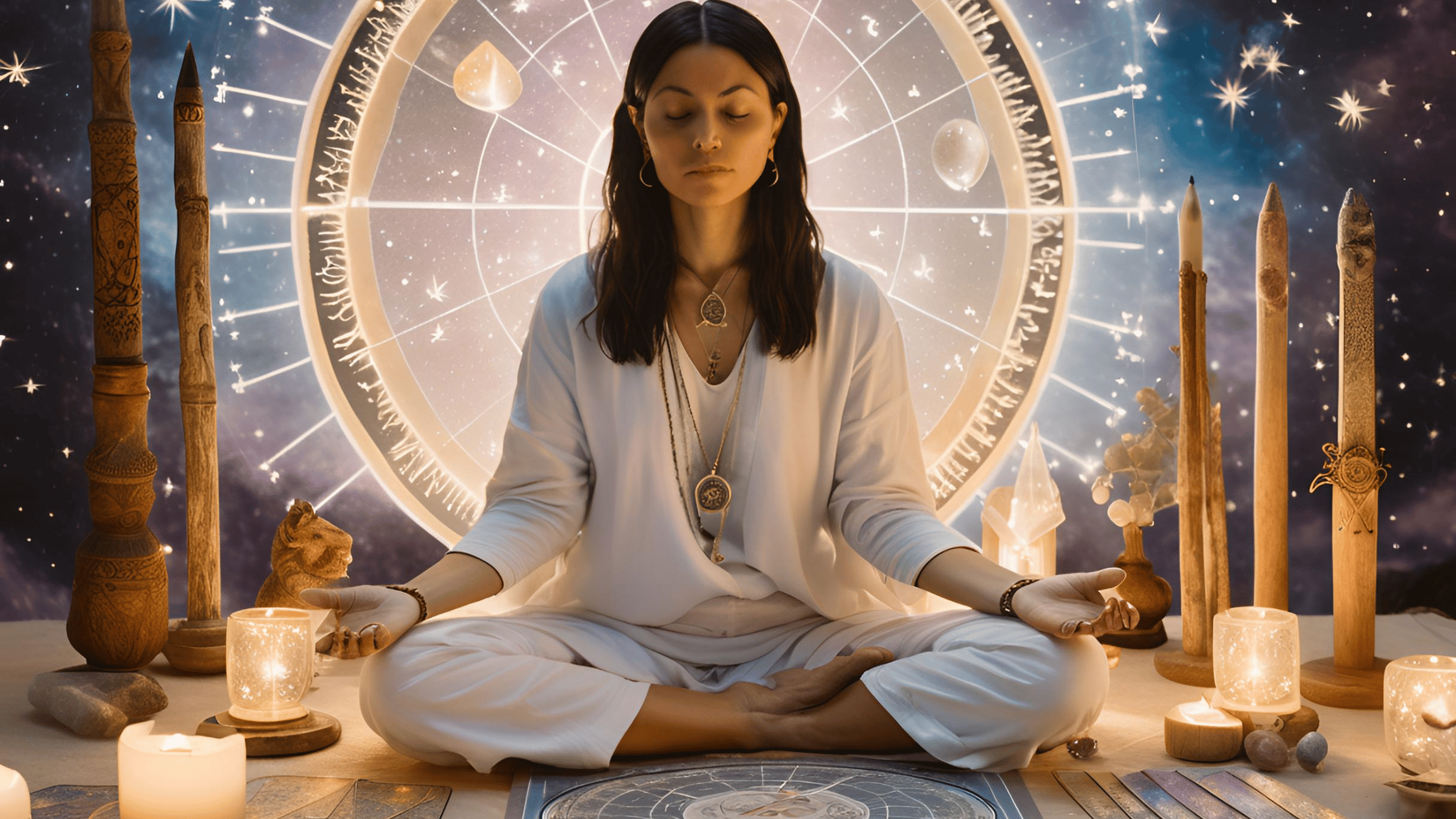 A person meditating in a peaceful setting with mystical tools like tarot cards, crystals, and an astrology chart, symbolizing reconnecting with their higher self after divorce.