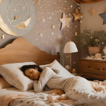 A peaceful woman sleeping in a cozy bed, with dreamy symbols like stars, moons, and clouds surrounding her, representing emotional healing through dreams after divorce.