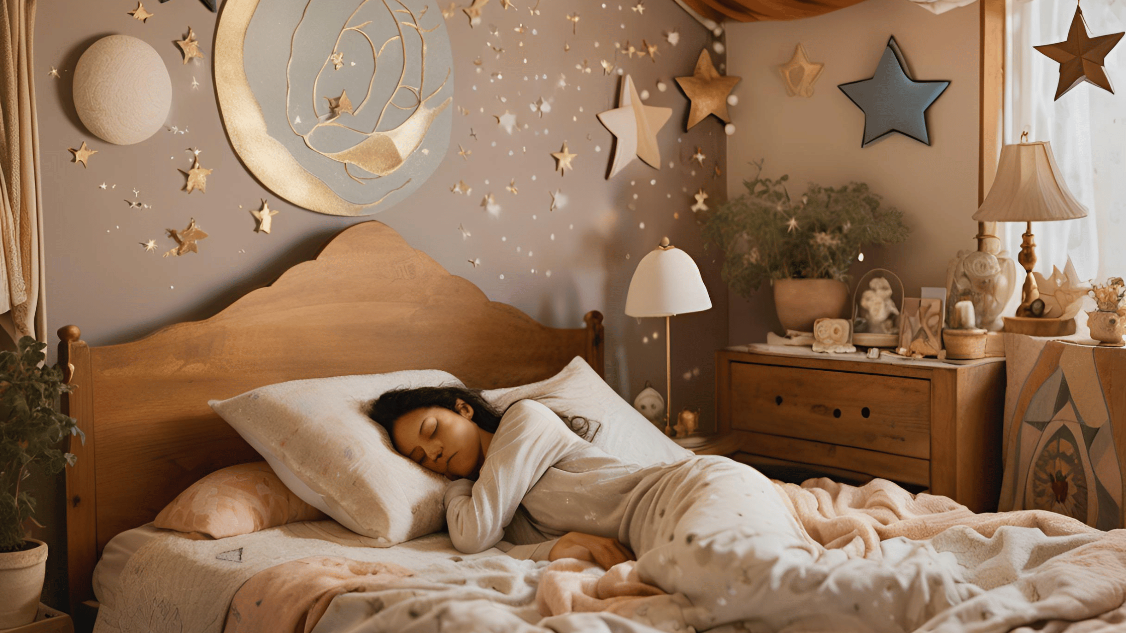 A peaceful woman sleeping in a cozy bed, with dreamy symbols like stars, moons, and clouds surrounding her, representing emotional healing through dreams after divorce.