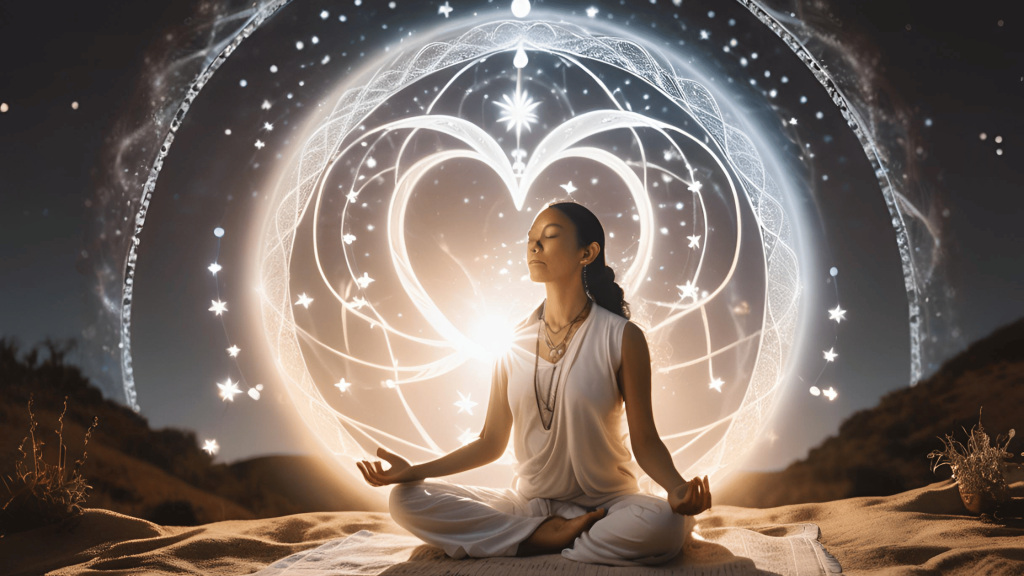 A person meditating under a glowing full moon, surrounded by mystical symbols, representing soul healing and spiritual guidance after divorce.