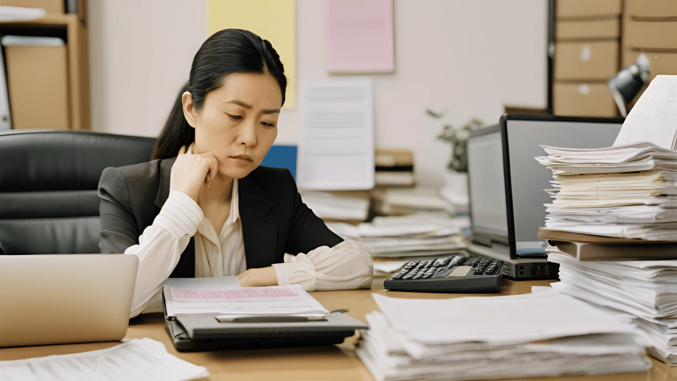 Business owner reviewing documents to prepare for dividing a shared business during divorce.