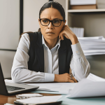 A business owner planning strategies during a divorce, seated at a desk with documents and a laptop.