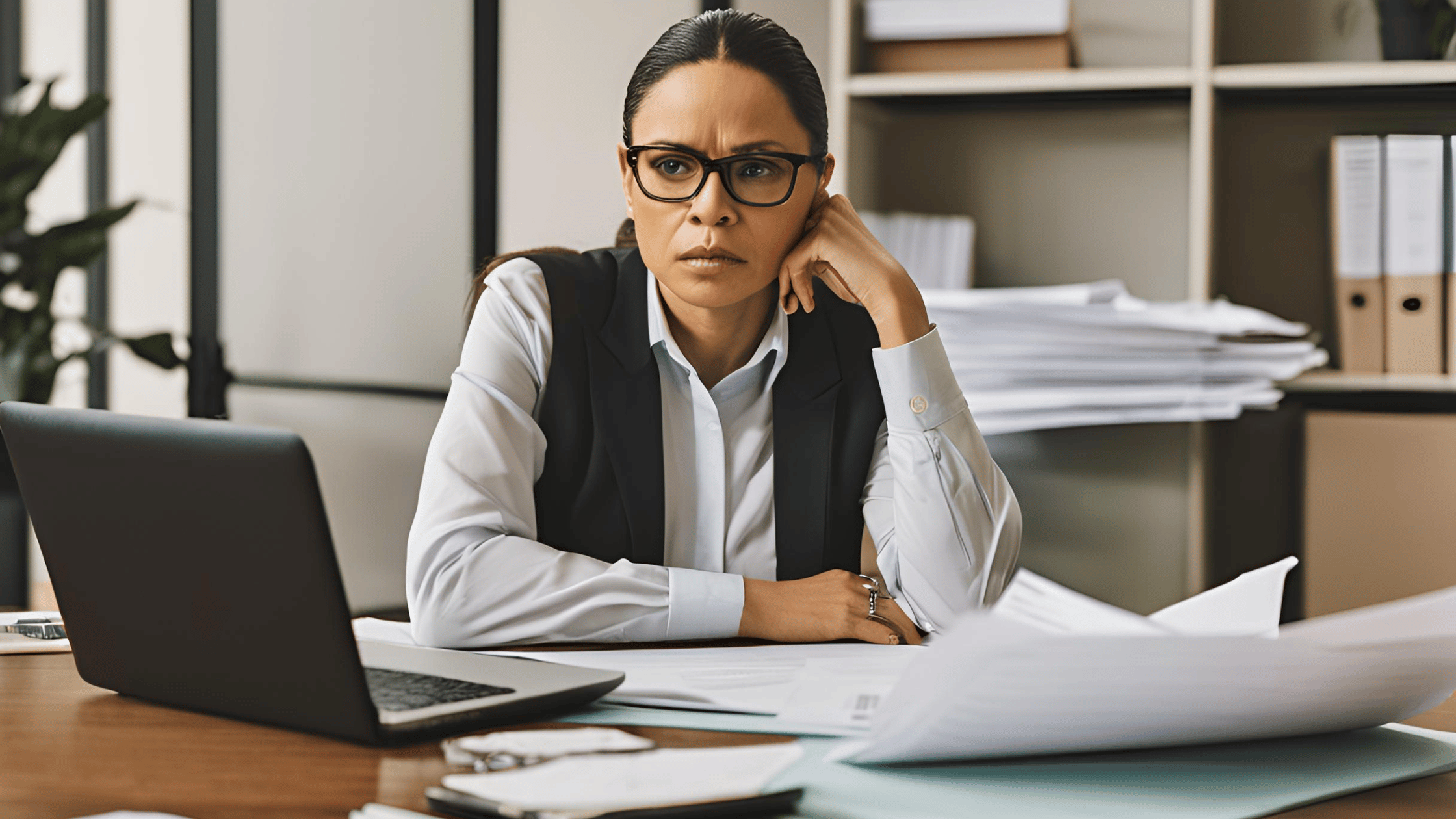 A business owner planning strategies during a divorce, seated at a desk with documents and a laptop.