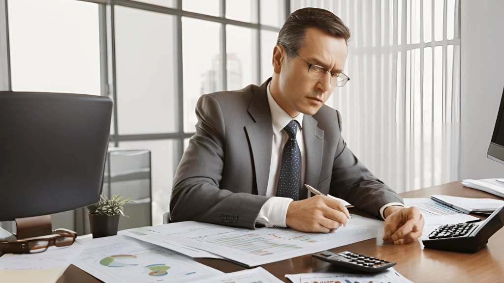 A business professional calculating business valuation for a divorce settlement with financial papers and graphs on the desk