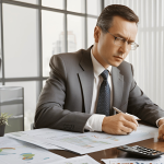 A business professional calculating business valuation for a divorce settlement with financial papers and graphs on the desk