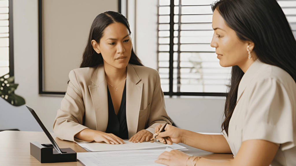 A business owner discussing prenuptial or postnuptial agreements with a lawyer in a modern office setting.
