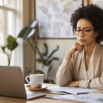 A business owner managing work during divorce, sitting at a desk with a laptop and coffee mug in a peaceful home office setting.