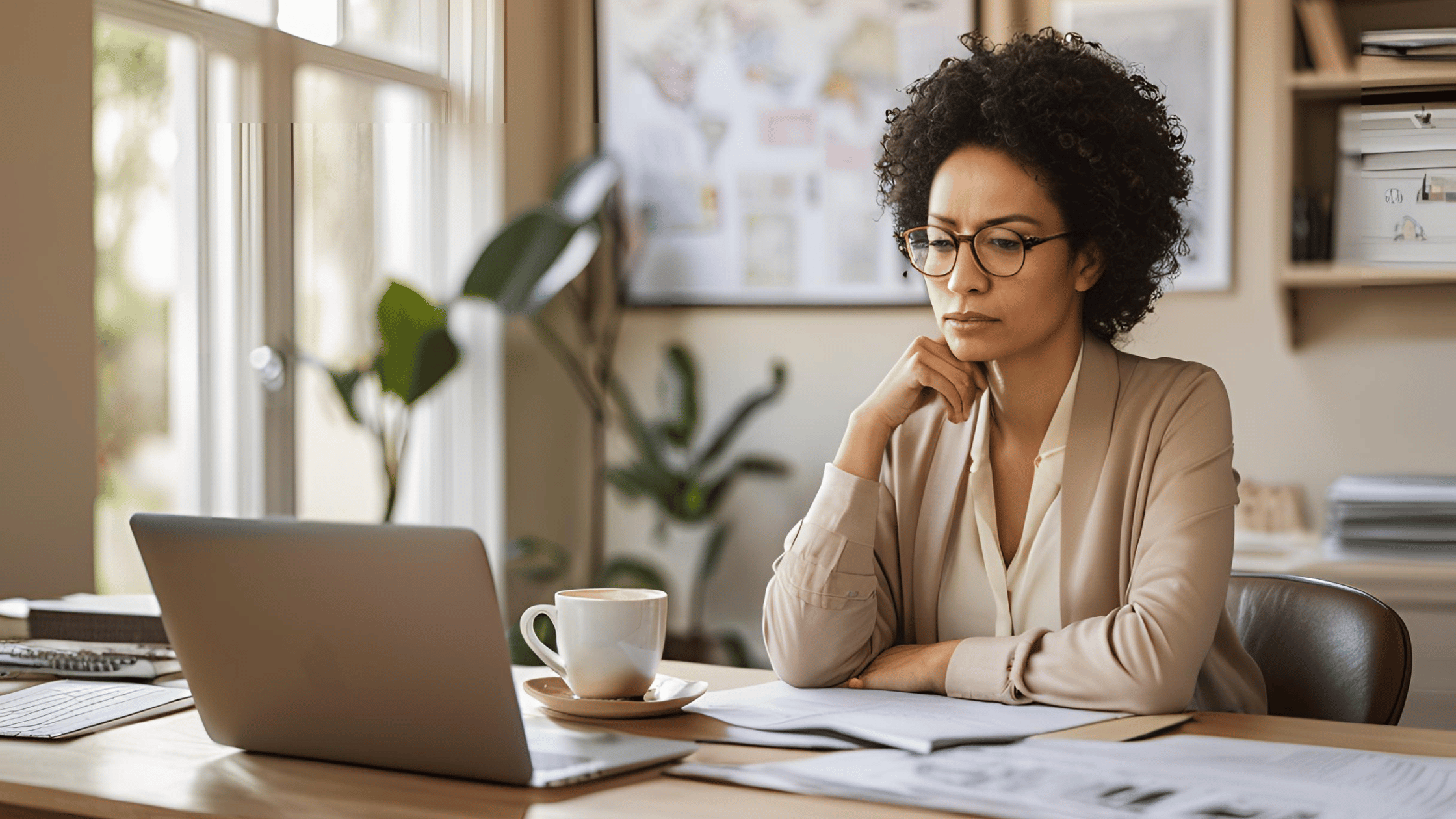 A business owner managing work during divorce, sitting at a desk with a laptop and coffee mug in a peaceful home office setting.