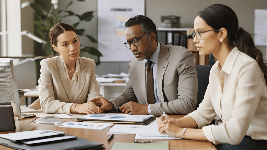 A man and woman working together in an office setting, representing co-running a business after divorce.