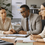 A man and woman working together in an office setting, representing co-running a business after divorce.
