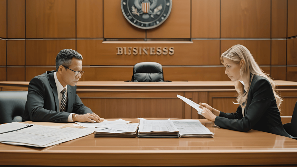 Illustration of a couple in court with financial documents discussing business division during divorce.