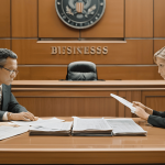 Illustration of a couple in court with financial documents discussing business division during divorce.