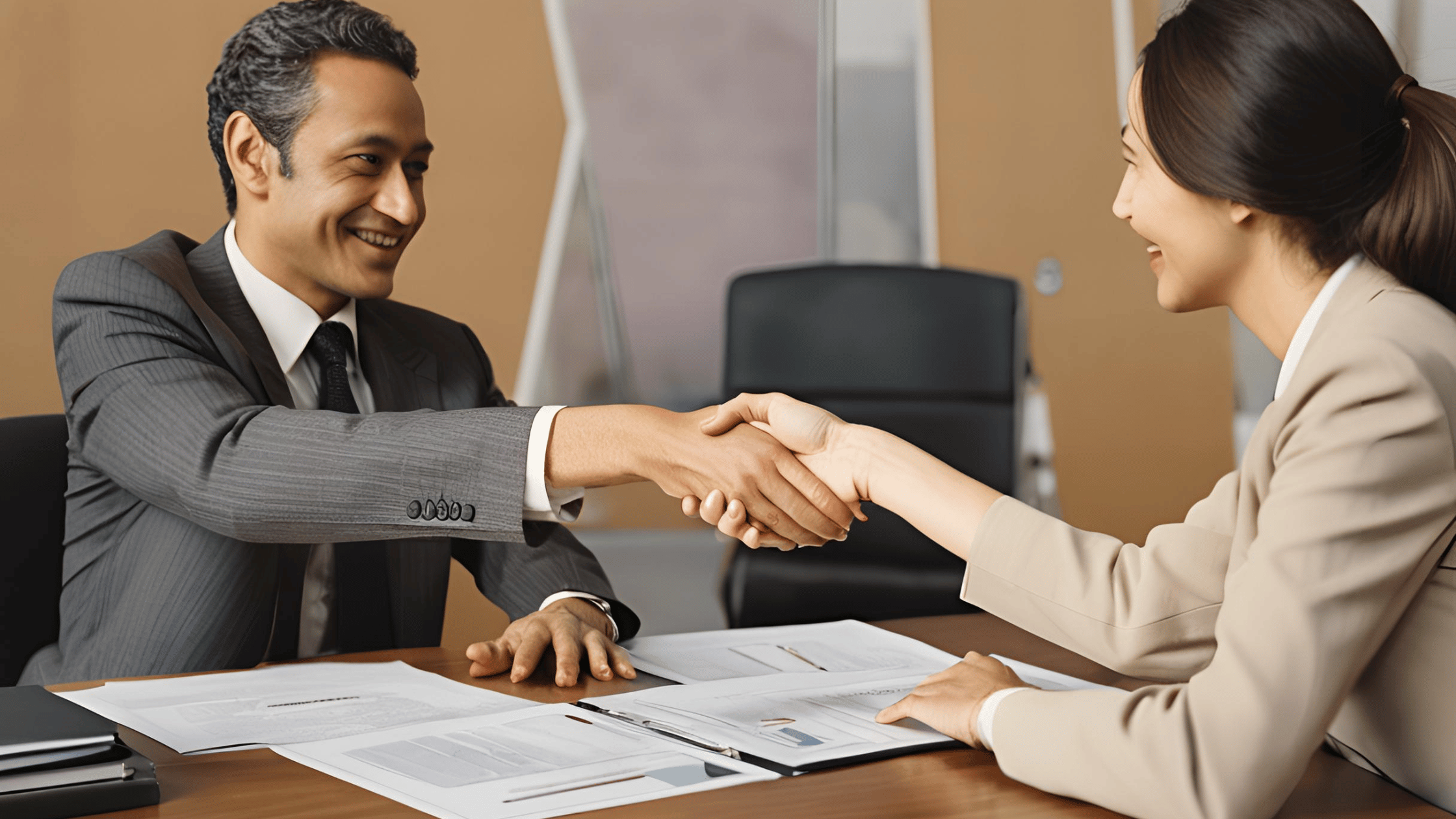 Divorcing couple shaking hands over business settlement documents, representing options like buyout, co-ownership, or selling the business.