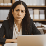 A business owner sitting at a desk reviewing legal documents during divorce, symbolizing determination and resilience.
