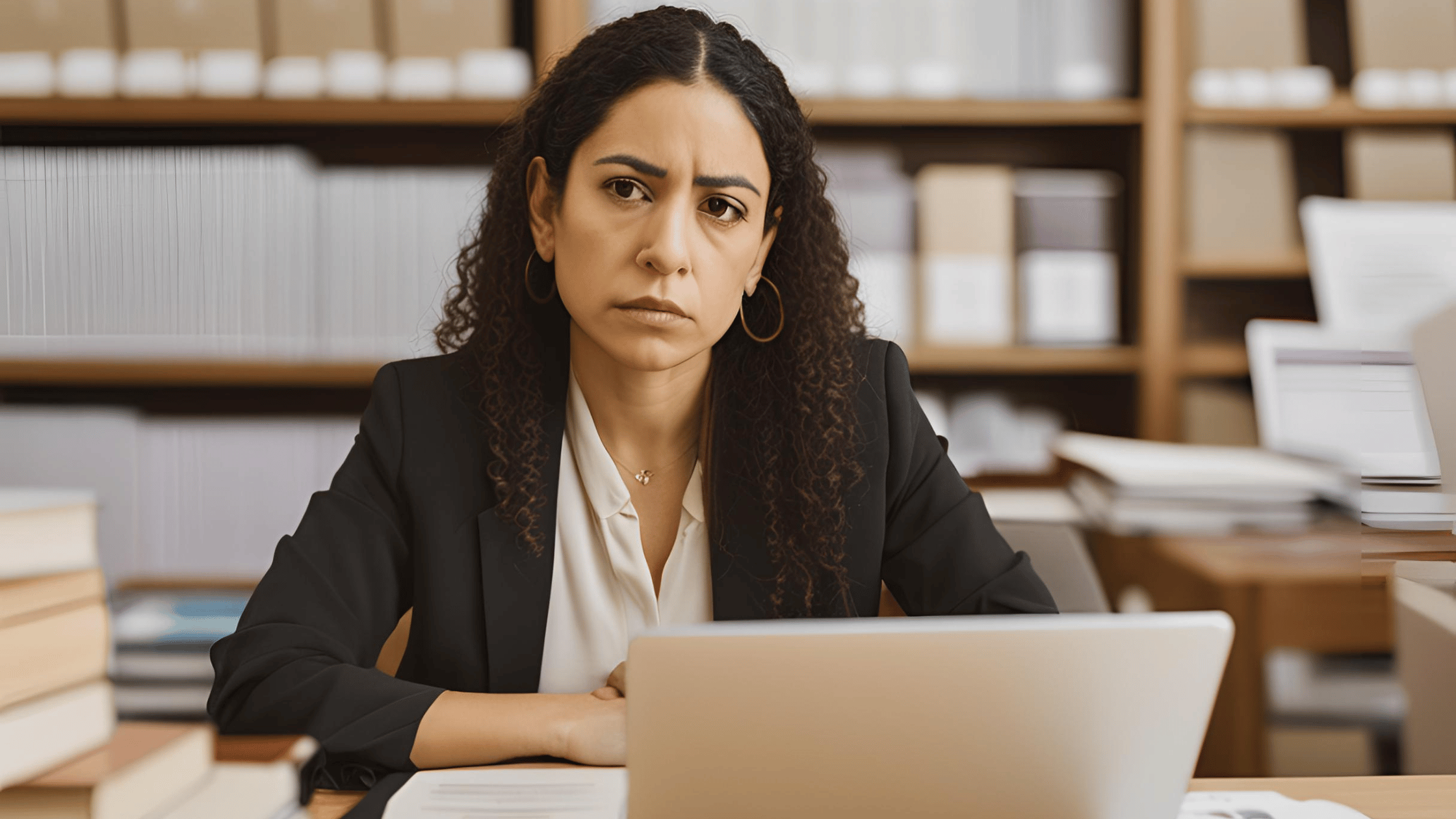 A business owner sitting at a desk reviewing legal documents during divorce, symbolizing determination and resilience.