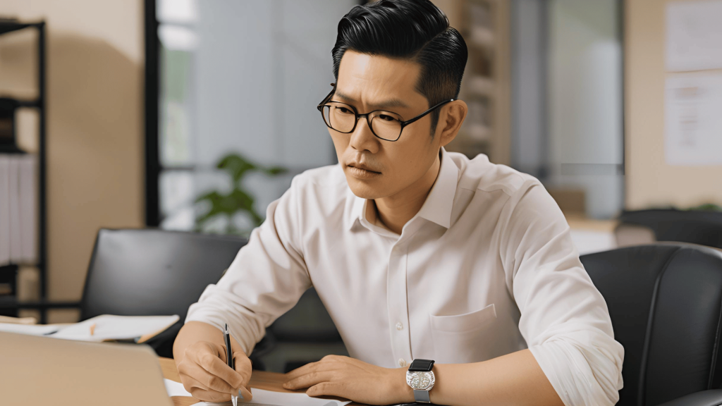 Business owner reviewing paperwork in an office during divorce settlement discussions.