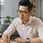 Business owner reviewing paperwork in an office during divorce settlement discussions.