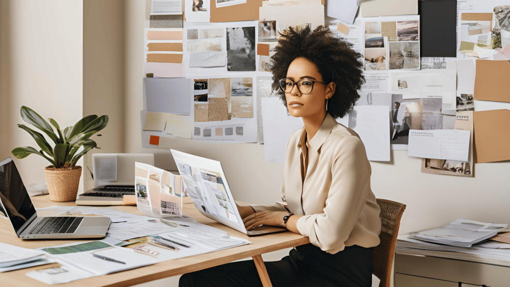 Confident person planning a business pivot after divorce, with vision boards and a laptop in the background.
