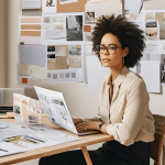 Confident person planning a business pivot after divorce, with vision boards and a laptop in the background.