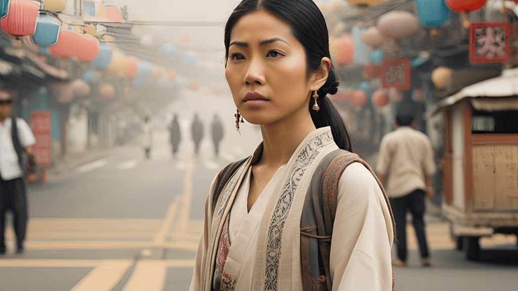 A person standing at a crossroads with cultural and religious motifs in the background, symbolizing the challenges of navigating cultural and religious pressure to stay married. Sunlight breaks through the clouds, representing hope and clarity in making life decisions.