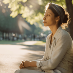 A woman sitting on a park bench, looking hopeful and contemplative as sunlight filters through the trees, symbolizing rebuilding trust after divorce.