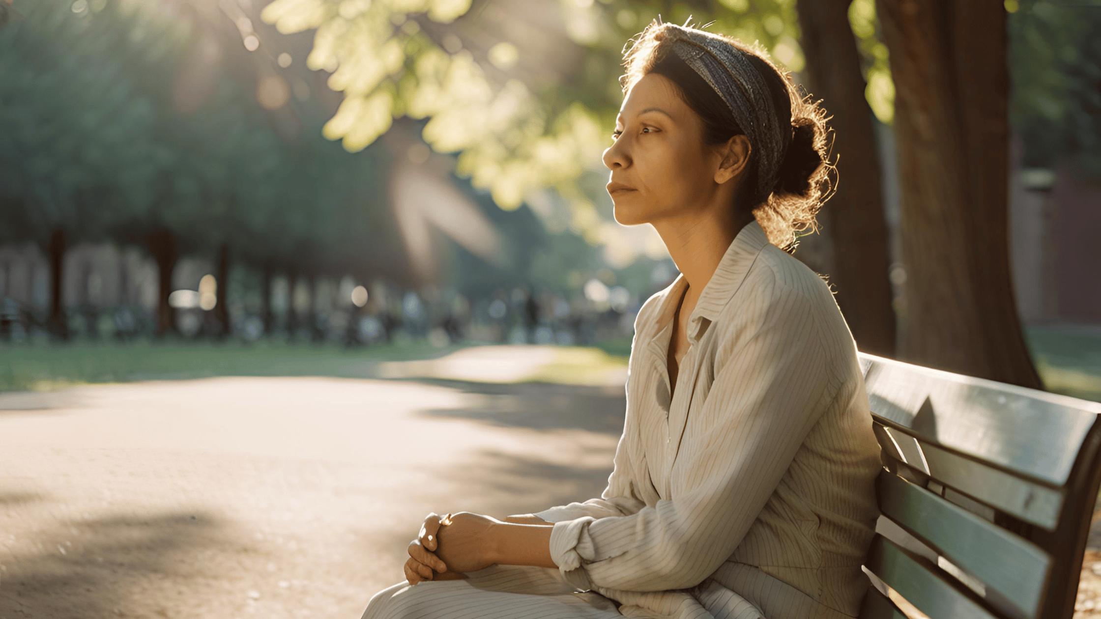A woman sitting on a park bench, looking hopeful and contemplative as sunlight filters through the trees, symbolizing rebuilding trust after divorce.