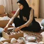 A woman peacefully organizing items in a decluttered room, symbolizing emotional healing after divorce