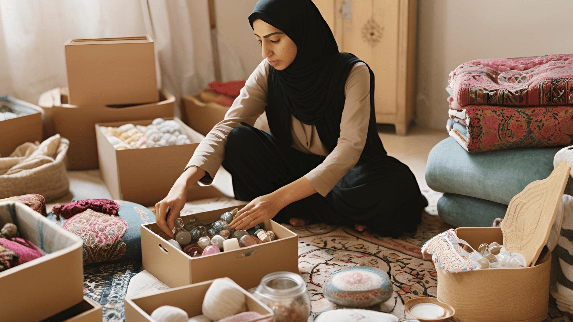 A woman peacefully organizing items in a decluttered room, symbolizing emotional healing after divorce